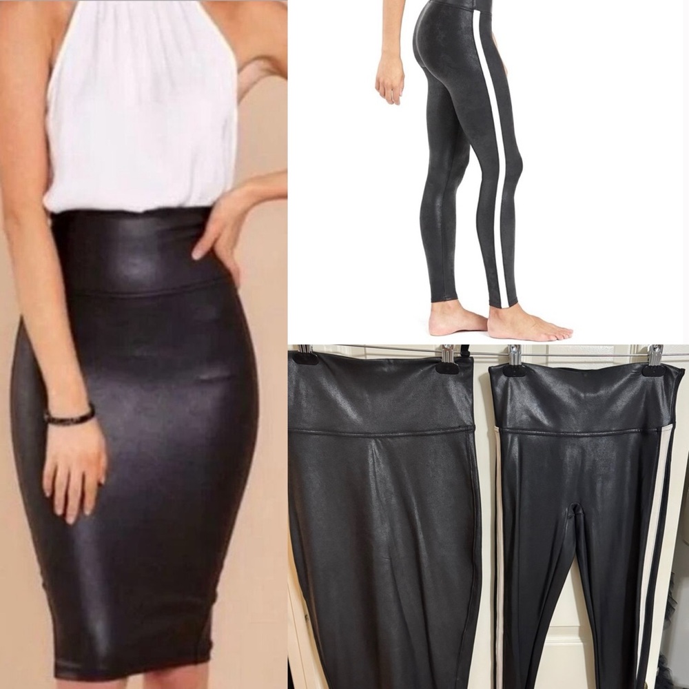 Spanx Bundle - Faux Leather Midi Pencil Skirt and White Stripe Leggings